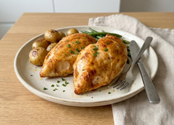 Sliced air fryer chicken breast on a wooden board, golden crust, juicy interior visible