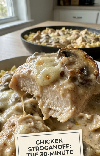 Creamy chicken stroganoff served over egg noodles in a white bowl, garnished with fresh parsley